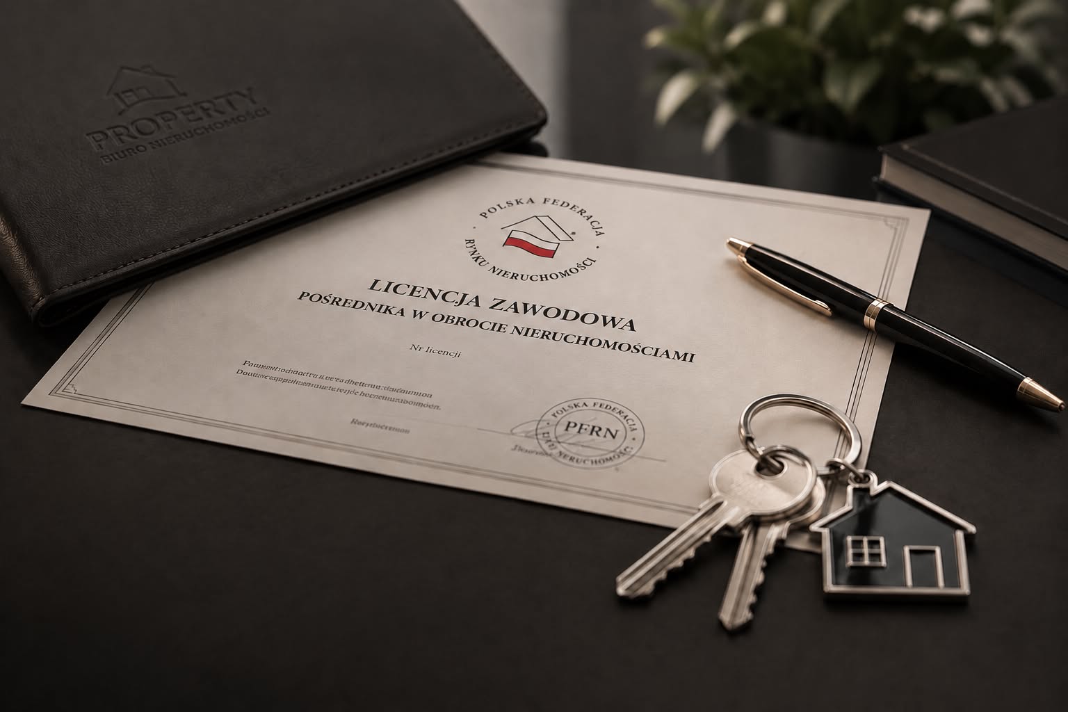 Licencja zawodowa pośrednika PFRN na biurku obok kluczy do mieszkania